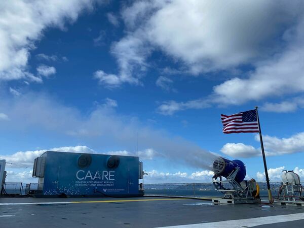 The machine sprays tiny salt water particles. It's a test for "marine cloud brightening" research, a type of solar geoengineering that involves brightening ocean clouds to reflect more planet-heating sunlight.