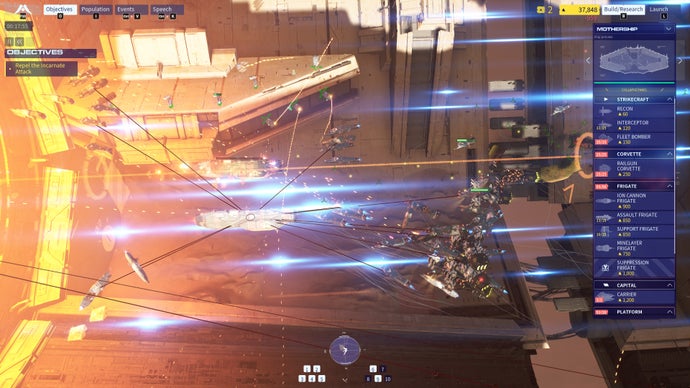 homeworld 3 screenshot, showing a cluster of frigates next to a gate