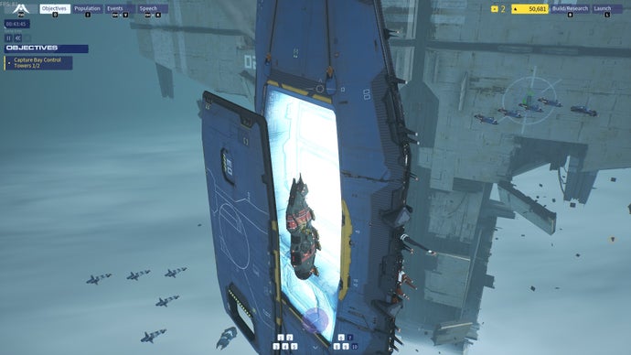 homeworld 3 screenshot, showing a large ship entering the mothership's main hangar bay