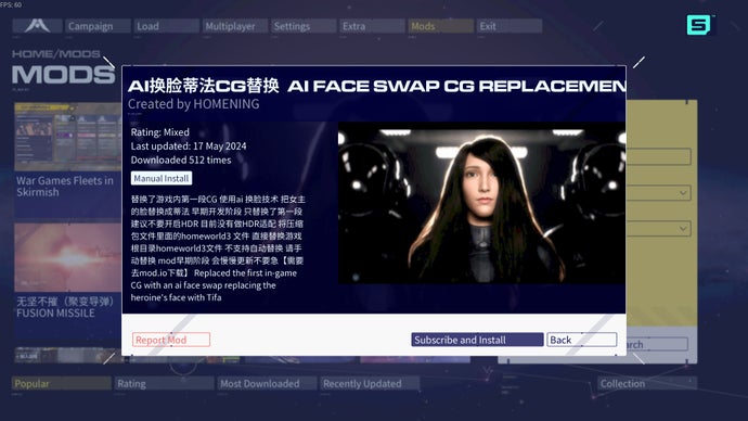 homeworld 3 screenshot, showing an ai face swap mod available for download