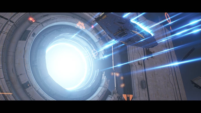 homeworld 3 screenshot, showing a ship leaving a hyperspace gate