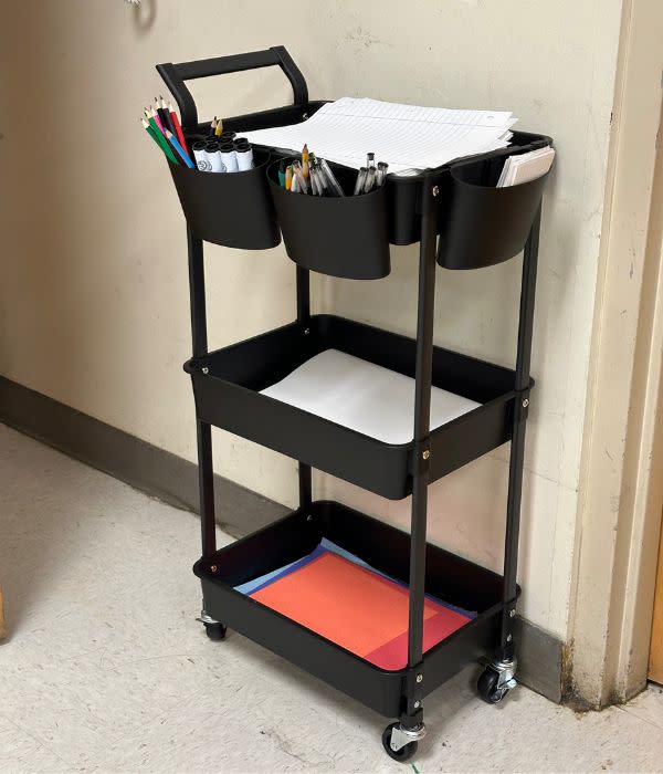 A purchased a rolling classroom cart for students to access resources and supplies in class. (Shawn An)