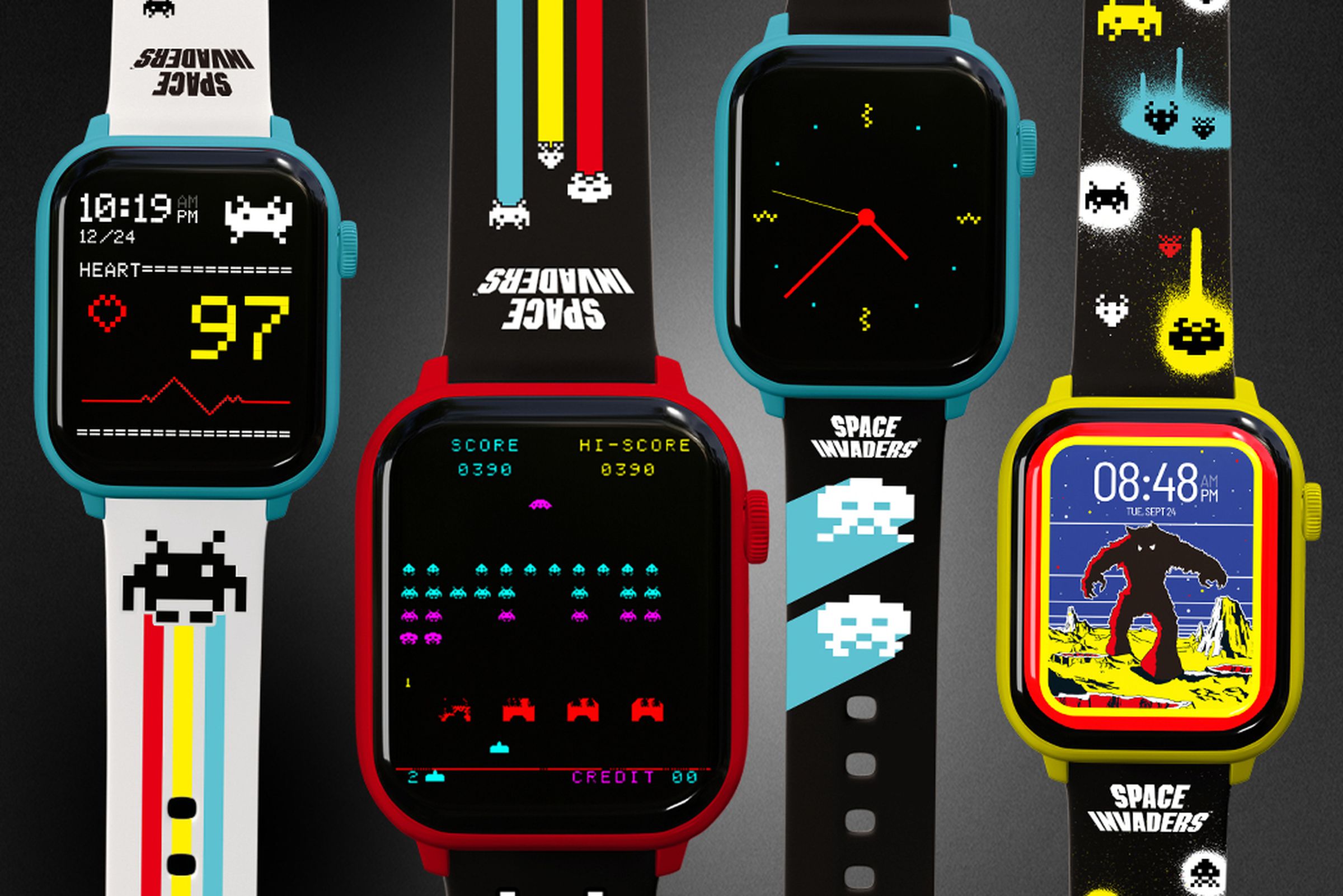 Several versions of the Space Invaders: My Play Watch in different colors with matching watch straps.