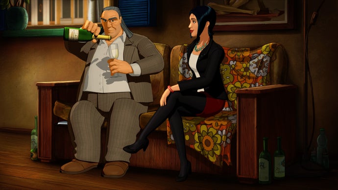 A perfectly normal human being sits on a couch in Broken Sword.