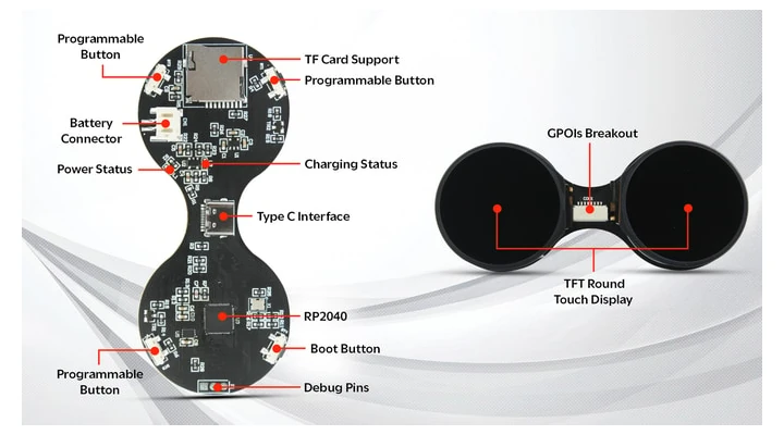 TouchEye dual round touch display module features Raspberry Pi RP2040 or ESP32-S3 MCU (Crowdfunding)