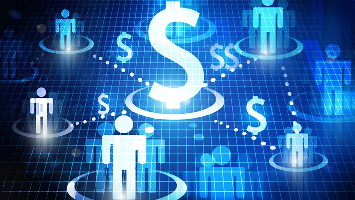 Conceptual illustration showing a dollar sign surrounded with figures of humans connected to each other; concept of crowdfunding. - Carlos Amarillo // Shutterstock